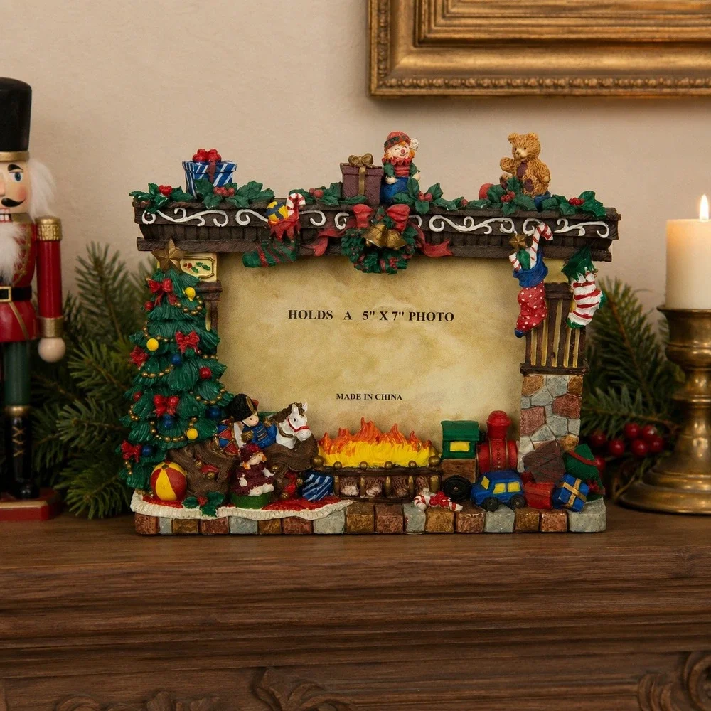 Vintage Christmas Fireplace 3D Resin Picture Frame Holiday Decor 5x7 Photo